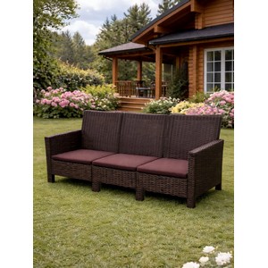 Диван трехместный садовый под ротанг СадКо (темно-коричневый с коричневой подушкой)