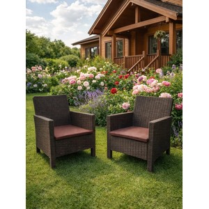 Комплект кресел садовых под ротанг 2 шт СадКо (темно-коричневый с коричневой подушкой)