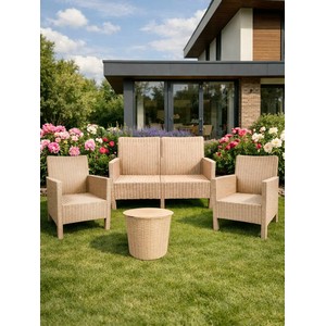 Комплект 2 садовых кресла, двухместный диван и столик под ротанг СадКо (бежевый)