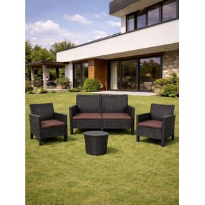 Комплект 2 садовых кресла, двухместный диван и столик под ротанг СадКо (темно-серый с коричневыми подушками)