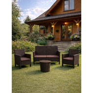 Комплект 2 садовых кресла, двухместный диван и столик под ротанг СадКо (темно-коричневый с коричневыми подушками)