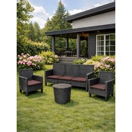 Комплект 2 садовых кресла, трехместный диван и столик под ротанг СадКо (темно-серый с коричневыми подушками)