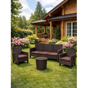 Комплект 2 садовых кресла, трехместный диван и столик под ротанг СадКо (темно-коричневый с коричневыми подушками)