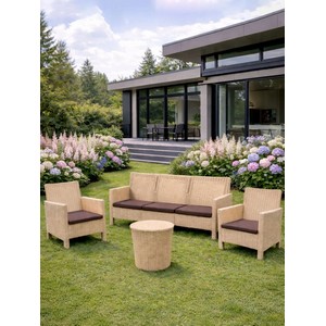 Комплект 2 садовых кресла, трехместный диван и столик под ротанг СадКо (бежевый с коричневыми подушками)