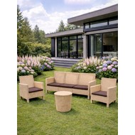 Комплект 2 садовых кресла, трехместный диван и столик под ротанг СадКо (бежевый с коричневыми подушками)